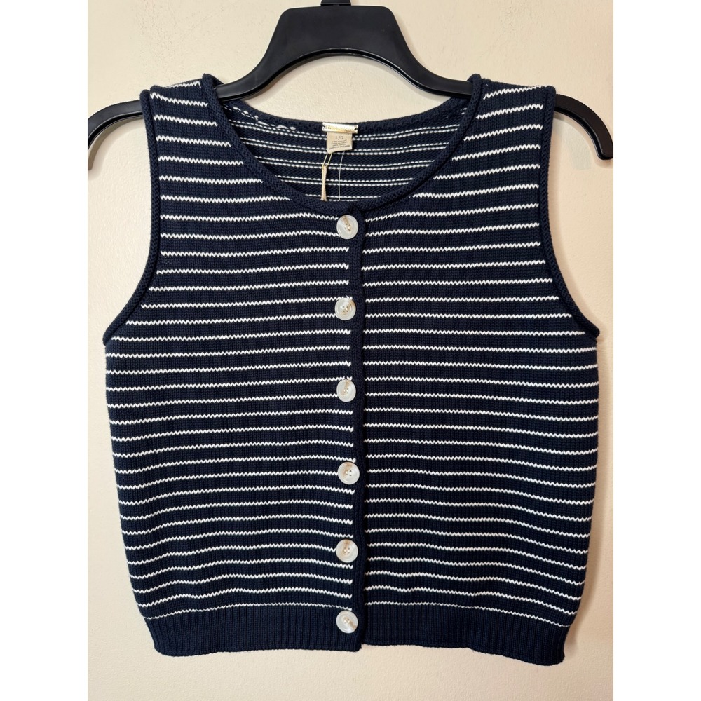 Magaschoni Navy White Striped Cotton Knit Button Front Sweater Vest